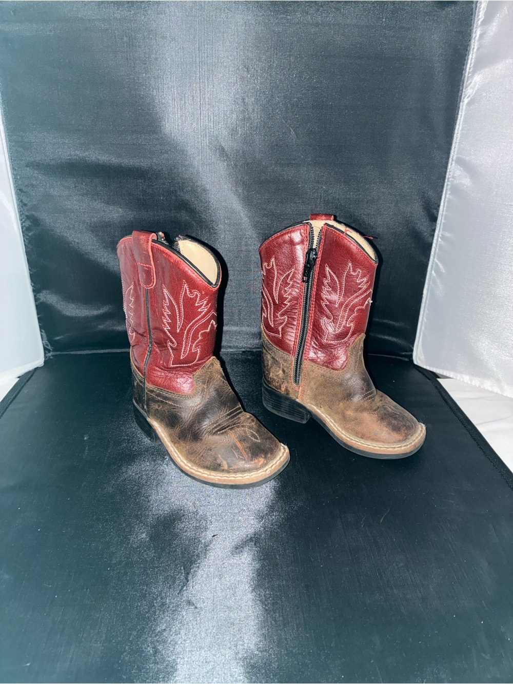 Old West Red and Brown Kids Western Zip Boots
